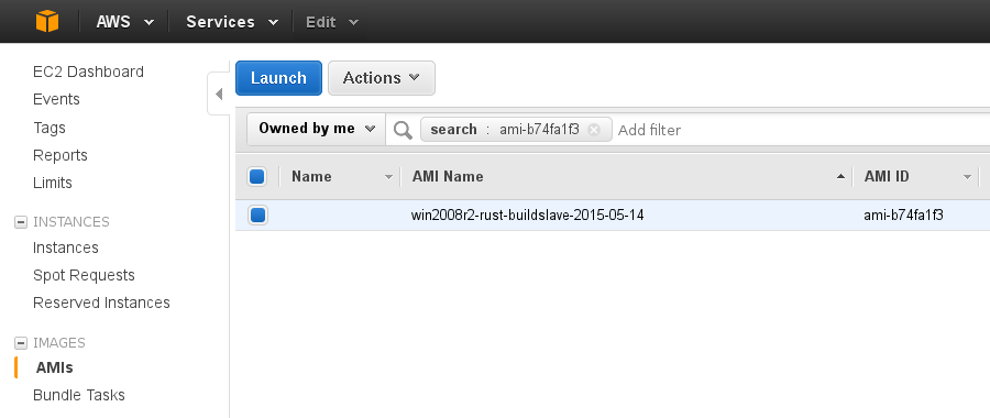 AWS EC2 console showing AMI search and launch button