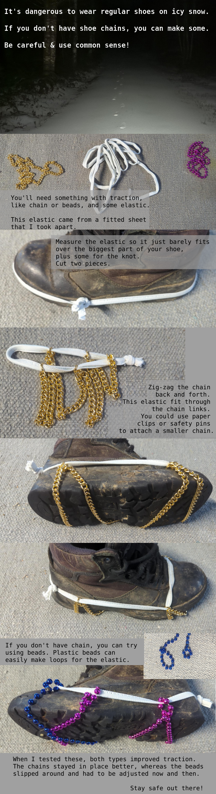 Improvised shoe chains prototype made from elastic and chain
