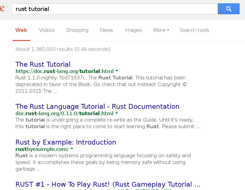 Google search results for "Rust" showing video game instead of programming language