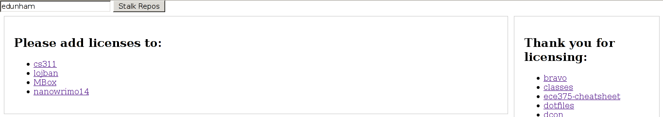Screenshot of pleaselicense checking a GitHub username for LICENSE files