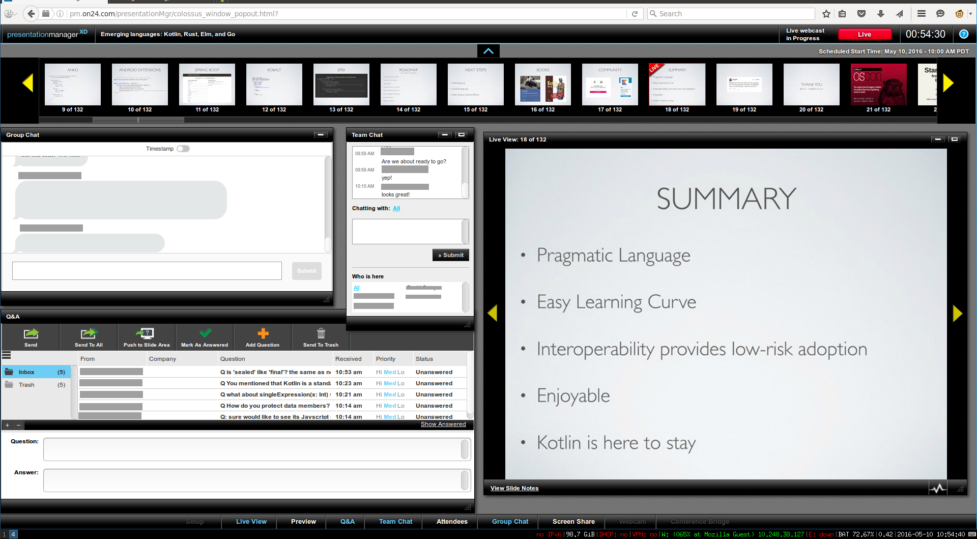 O'Reilly Presentation Manager XD interface during webcast